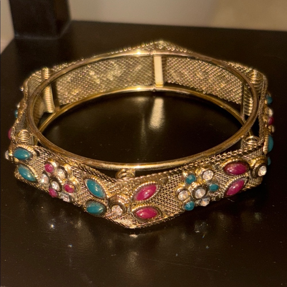 Vintage mesh and rhinestone with red and green Pavey stones, gold tone